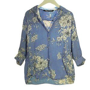 Zara  Women's blouse top  Blue White Stripe Floral Flowy Blouse size med